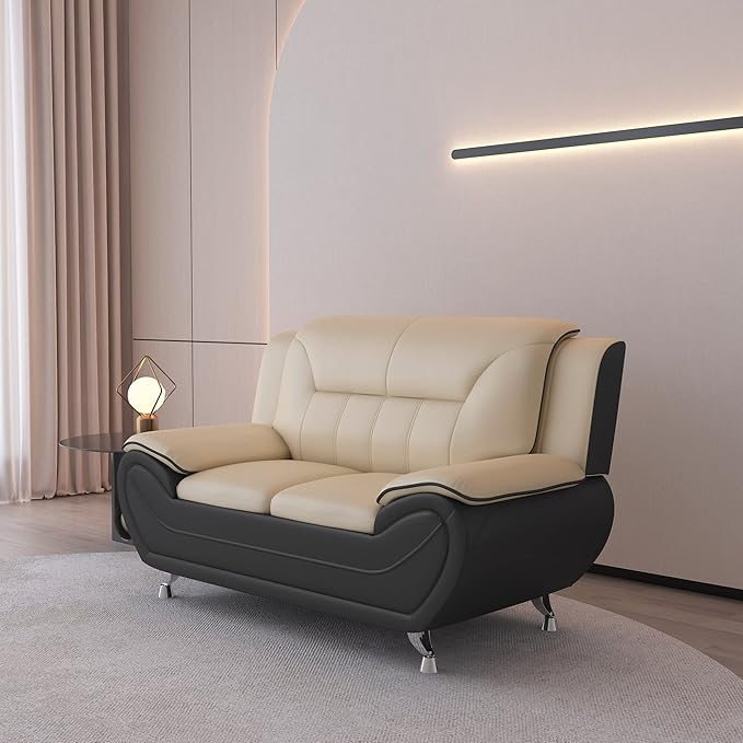Michael Modern Faux Leather Upholstered Stainless Steel Legs Living Room Loveseat Black Camel