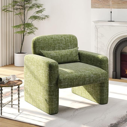 LSSPAID Modern Accent Chairs Chenille Fabric Armchairs for Living Room Comfy Upholstered Leisure Single Sofa Chair with Lumbar Pillow for Bedroom Balcony Office (Green Set of 1)