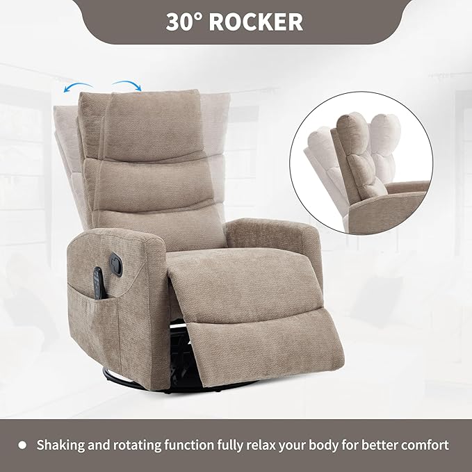 PELUMY 360° Swivel Rocker Recliner with Heat &amp Vibration Massage Glider Rocking Chair for Adults Compact Recliner for Living Room Small Spaces Nursery Bedroom (Chenille Khaki)