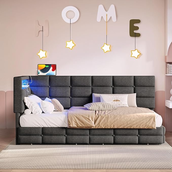 Twin Corner Bed Frame with Storage and Led Lights Upholstered Daybed Twin Size with Storage Drawers and Charging Station for Living RoomBedroom (Gray)