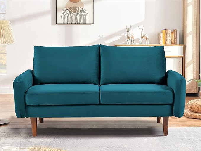 Kent Velvet Loveseat Sofa for Modern Living Rooms and Compact Spaces Comfy 2 Seater Couch Studio Apartment Furniture with Sleek Design Greenish Blue