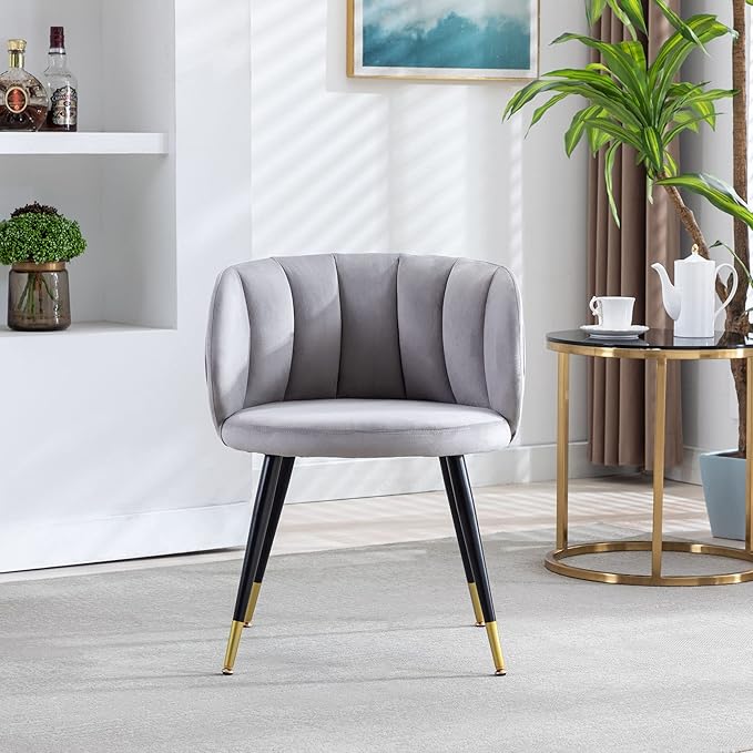 Grey Velvet Lounge Chair Black Metal feet Unique Back Design Suitable for Office Living Room Bedroom