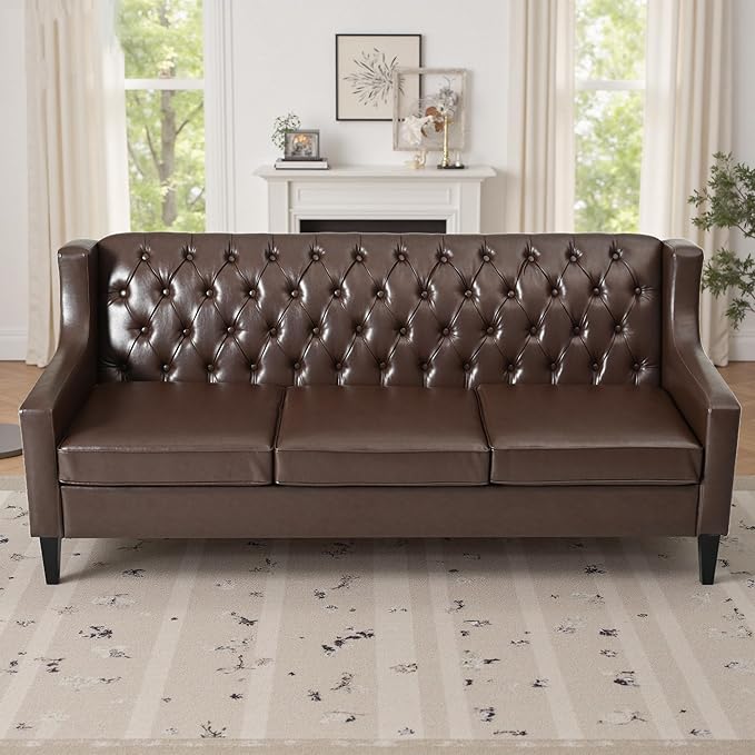 GDFStudio 78.75 3-Seater Sofa Button Tufted Backrest Big Comfy Couch with Cushions Mid Century Modern Couches Home Living Room Sofa Upholstered Sofas &amp Couches for Apartment Bedroom Dark Brow