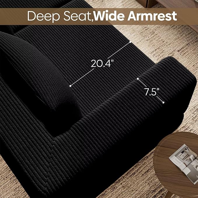 L-Shaped Corduroy Modular Sectional Couch Modern Floor Couch Sofa for Apartment Living Room Convertible Sleeper Sofa Bed with 3 Pillows No Assembly Required Black