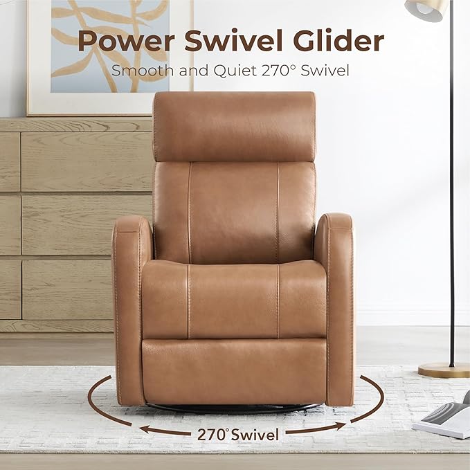 CHITA Genuine Leather Power Recliner Chair for Adults FSC Certified Electric Nursery Swivel Glider for Living Room Camel Brown