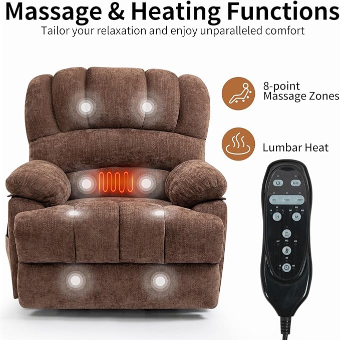 Power Recliner with Vibration Massage &amp Lumbar Heat Electric Lift Chairs for Elderly High Back Reclining Max 155 Degree with Charging Ports Chenille Fabric Brown