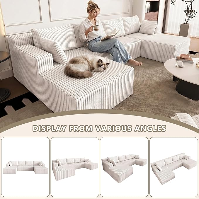 124 U Shaped Cloud Couch Sectional Corduroy Upholstered 4-Seater Cloud Couches for Living Room Deep Seat Modular Boneless Sofa with Lounge Chaise No Assembly Required White