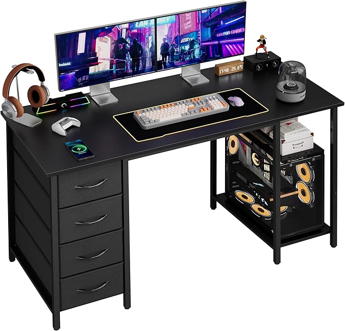 Grandder Computer Desk with 4 Drawers 47 Inch Office Desk with Storage Gaming Desk with CPU Shelves Writing Desk Work Desk for Home Office Study Bedroom Work from Home Black
