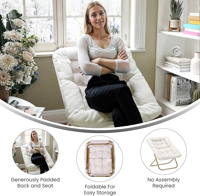 Flash Furniture Archer Saucer Chair with Folding Steel Frame Portable Oversized Saucer Chair for Dorm or Bedroom 28 Ivory Faux Shearling/Soft Gold Frame