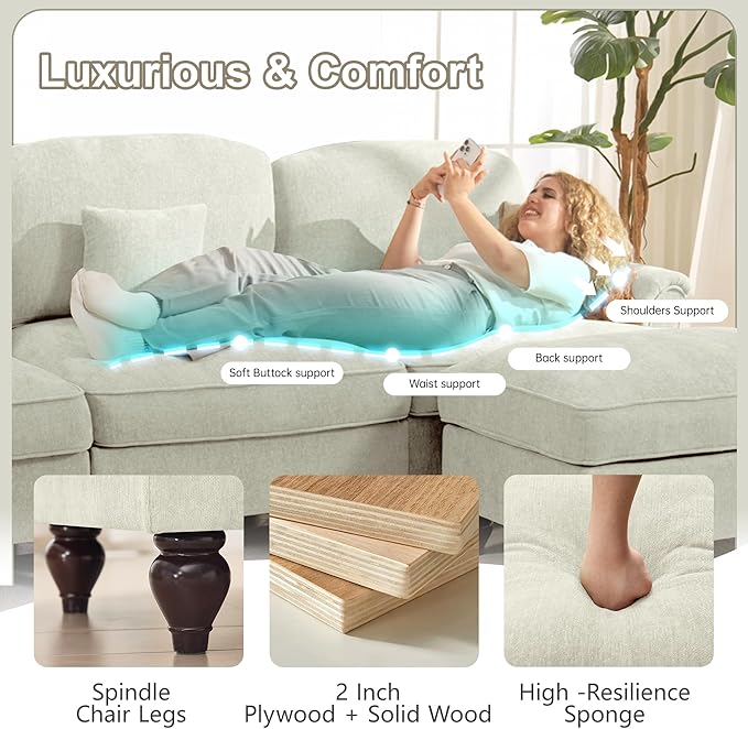 107.1 L-Shaped Modular Sectional Sofa 3-Seater with Ottoman Deep Seat Cloud Couch Chenille with Removable Pleated Skirt for Living Room Office (Beige White)