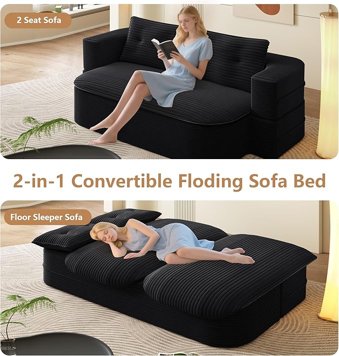 Aoowow Folding Sofa Bed with Blanket 78.7” Convertible Sleeper Sofa with Pillows Modern Corduroy Floor Loveseat Couch Comfy Foam Filled Couches Full Folding Mattress for Living Room Black