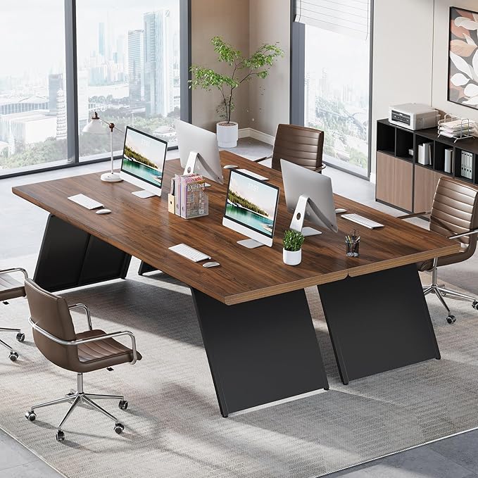 Tribesigns 79” Double Desk for Two People Extra Long Computer Desk with Walnut Wood Top &amp Black Metal Base Heavy Duty 2 Person Home Office Writing &amp Gaming Table