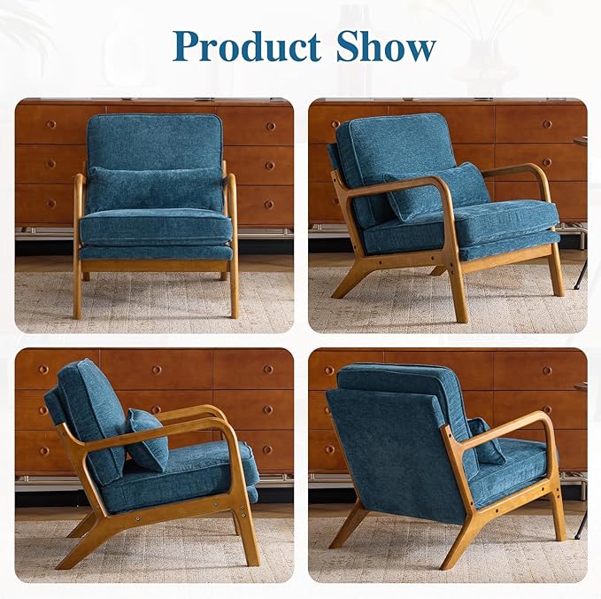Karl home Mid Century Modern Accent Chair with Lumbar Pillow &amp Oak Arms – Plush Chenille Living Room Chair for Bedroom Lounge (Blue)