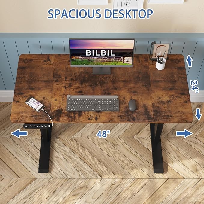 bilbil Height Adjustable Electric Standing Desk 48 x 24 Inches Sit Stand up for Work Office Home Ergonomic Rising Computer Table with Memory Preset with Splice Desktop (Rustic Brown)
