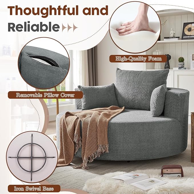 Antetek 360-Degree Swivel Accent Chair Oversized Modern Comfy Chenille Round Swivel Chaise Lounge Sofa Chair with Backrest Cushion &amp 2 Throw Pillows for Living Room Bedroom Office Gray