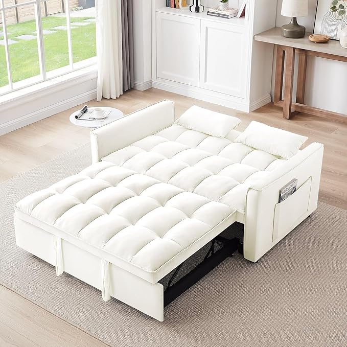 3 in 1 Convertible Sleeper Sofa BedFuton Couch with Pull-Out Bed &amp Adjustable BackrestVelvet Fabric Loveseat Sleeper with Side Pocket for Small Apartment Living Room Office (Beige) | Adjustabl