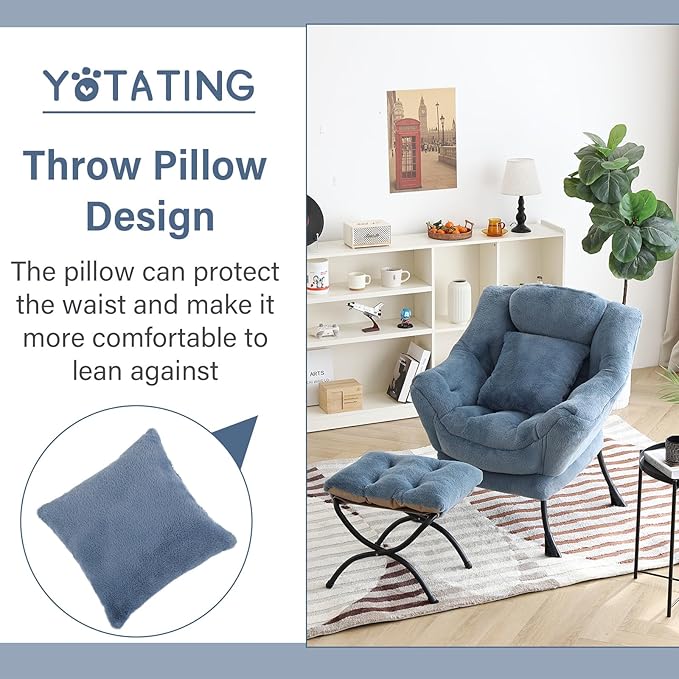 Lazy Chair with Ottoman Comfy Reading Lounge Chair with Footstool &amp Throw Pillow Modern with Armrests &amp Side Pocket for Living Room Bedroom Dorm Room Plush Light Blue