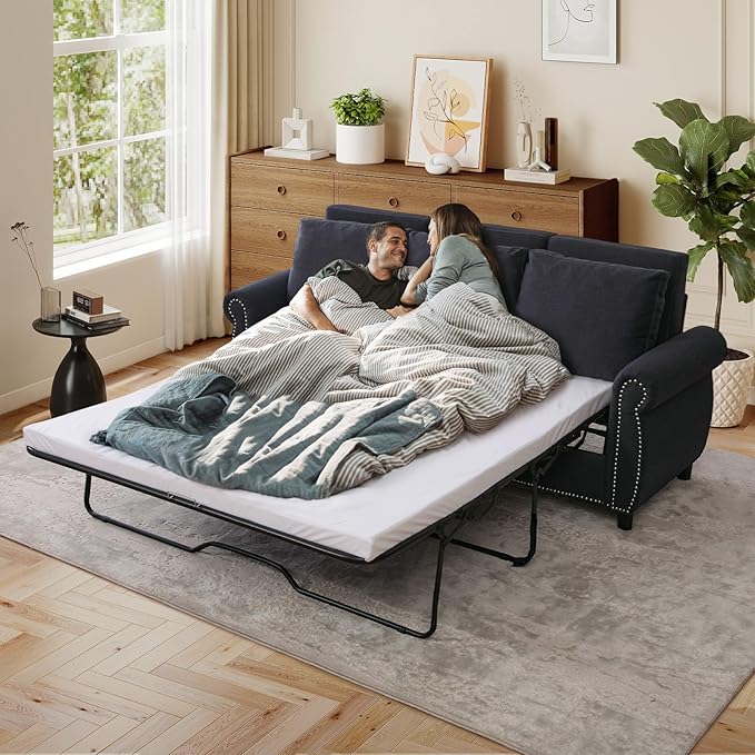 Queen Size Pull Out Sofa Bed 3 in 1 Linen Convertible 3-Seater Sleeper Sofa Bed with Memory Form Mattress Pull Out Couch with Nailhead Trim &amp Roll Arms for Living Room Bedroom Small Space(Grey
