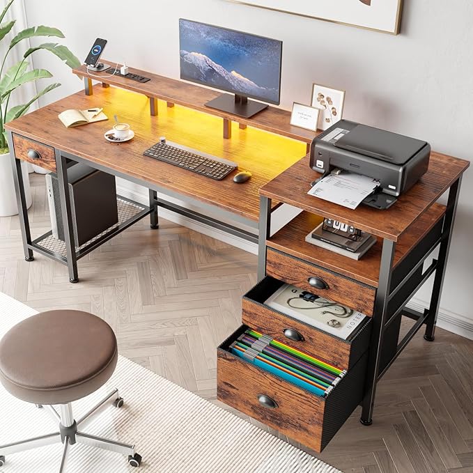 Furologee 60 Computer Desk with File Cabinet and Storage Shelves Reversible Home Office Desk with LED Lights Full Monitor Stand Power Outlets Study Gaming Table with 4 Drawers Rustic Brown
