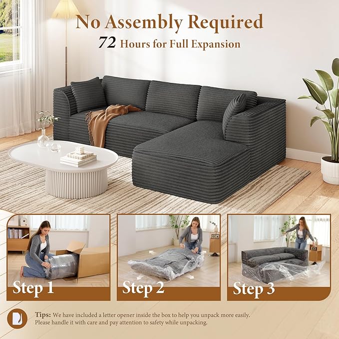 Vesgantti 106 Cloud Couch with Chaise Deep Seat Fluffy Modular Sectional Sofa Corduroy Memory Foam Boneless Couches for Living Room Bedroom No Assembly Required (Grey Right-Facing Chaise)