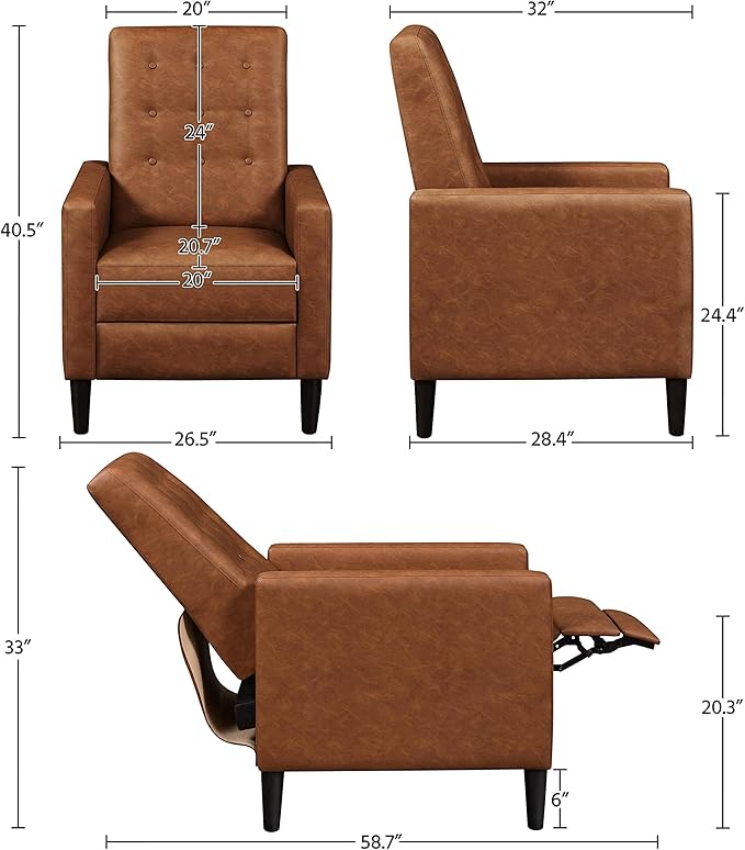 Topeakmart Faux Leather Recliner Sofa Mid-Century Modern Single Reclining Chair Adjustable Back &amp Footrest Tufted Upholstered Sofa with Pocket Spring Living Room Bedroom Home Theater Brown
