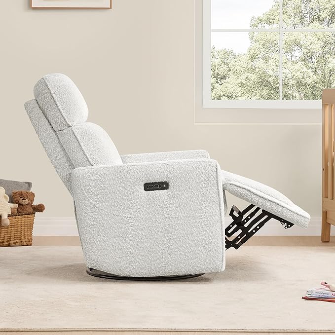 CHITA Power Recliner Chair Swivel Glider with Adjustable Power Headrest FSC Certified Electronic Modern Nursery Rocking Chair with USB and Type-C Ports Boucle White