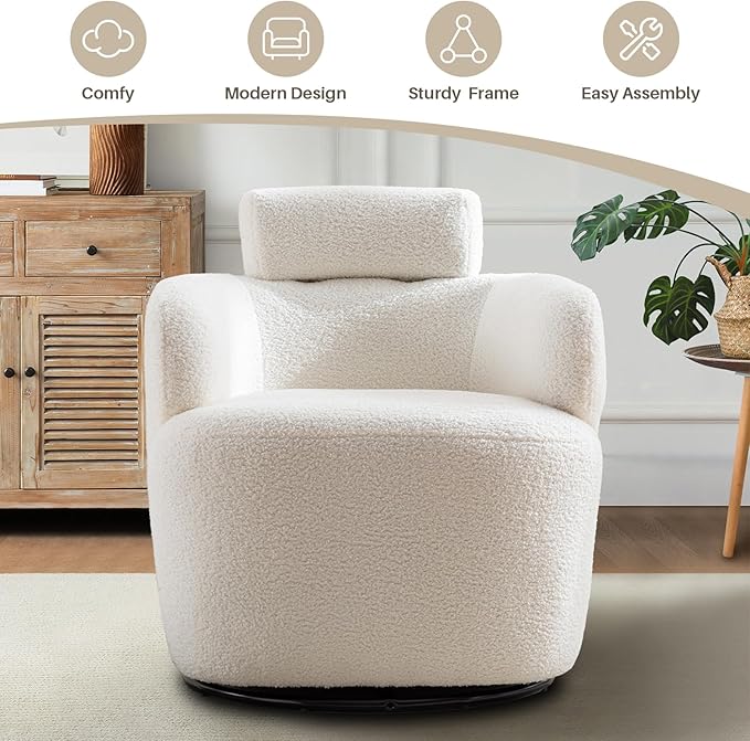 Small Swivel Accent Chair 360°Barrel Boucle Round Modern Armchair Tufted Upholstered Single Sofa Chair with Adjustable Headrest Living Room for Bedroom Office Teddy Sherpa Ivory