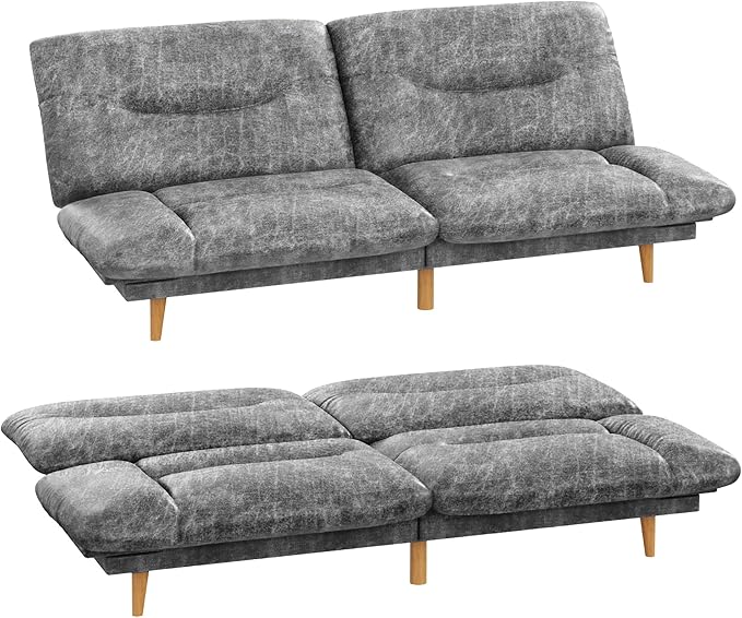 Homall Futon Sofa Bed Modern Loveseat Futon Couch with Adjustable Backrest and Armrests Sleeper Sofa Bed with Wood Frame for Living Room Office Apartment (Leathaire Heather Gray)