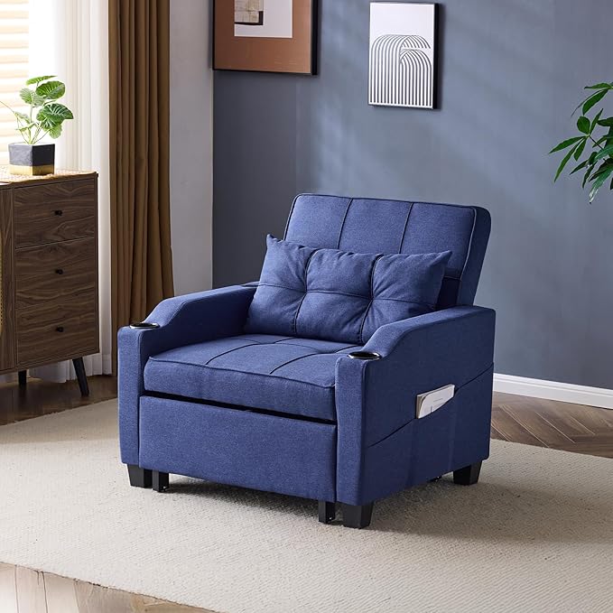 VINGLI Navy Blue Sleeper Chair Bed 3-in-1 Convertible Futon Sofa Bed Pull Out Couch Bed Adjustable Recliner Chair with USB Ports Cup Holders Side Pockets for Living Room Bedroom Small Spaces