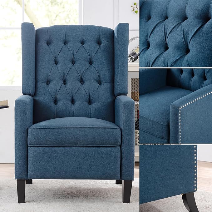 Pushback ReclinerComfortable Wingback Recliner Sofa Chair With Adjustable Backrest Tufted Fabric Upholstered ArmchairRetro Rivets Decorated Recliner for Living Room Bedroom Office Home Theater(Blue)