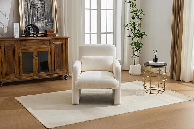 GDFStudio 30 Modern Accent Chair Upgrade Leisure Boucle Upholstered Armchair with Straight Arms and Waist Pillow Comfy Single Sofa Chair for Living Room Bedroom Office Apartment Ancient White