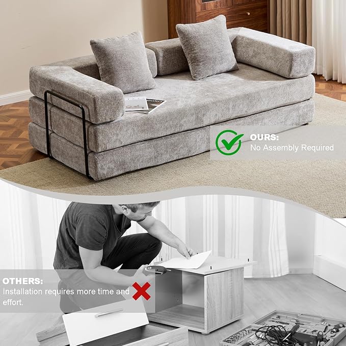 Folding Sofa Bed Modular Sectional Cloud Couch Convertible Sleeper Sofa Bed with Pillow Back Support Armrest for Living Room Bedroom Lounge No Assembly Required Chenille(Light Grey)