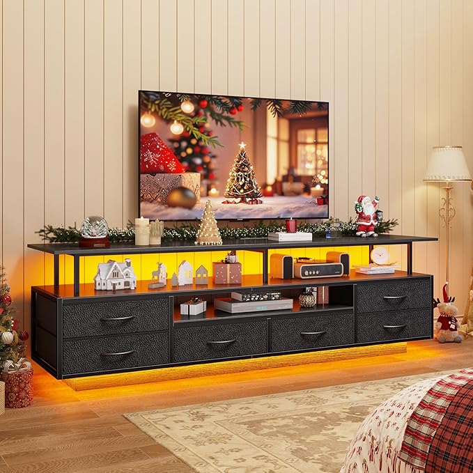 BTHFST TV Stand for 65 70 Inches TV with LED Lights &amp Power Outlets Entertainment Center with Open Shelves &amp 6 PU Fabric Drawers TV Media Console Table for Living Room Bedroom Black