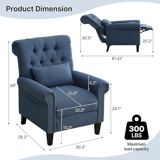 Pushback Recliner Chair Accent Push Back Chair with Adjustable Footrest Upholstered Linen Fabric Reclining Sofa with Side Pocket Comfy Modern Armchair for Living Room Navy Blue