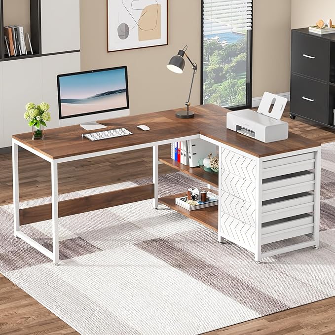 Tribesigns L Shaped Computer Desk with Storage Drawers 59 inch Corner Desk with Shelves Reversible L-Shaped Office Desk Study Writing Table Workstation for Home Office Walnut &amp White