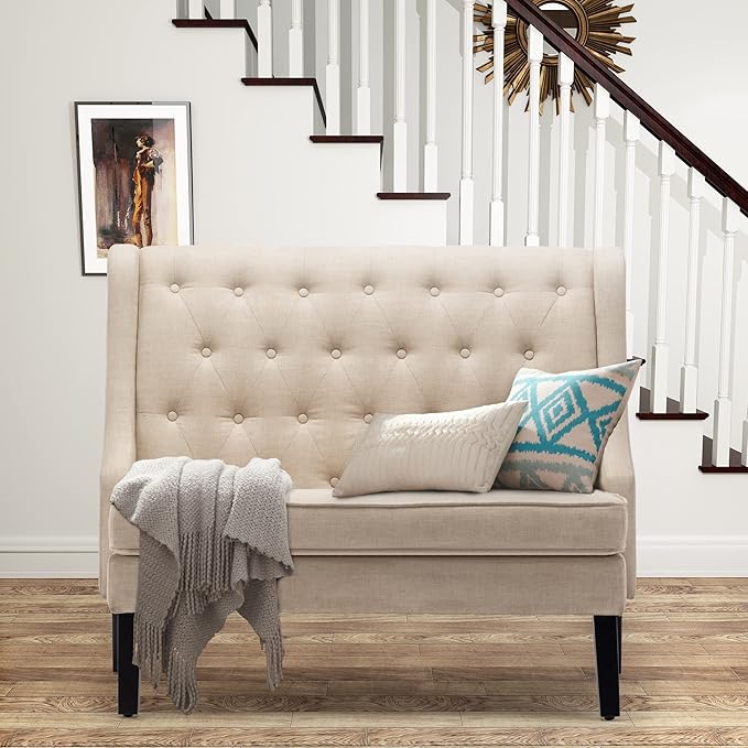 Tongli 46 Small Modern Loveseat Settee Sofa Linen Fabric 2-Seat Sofa Couch Tufted Love Seat Dining Bench with Back Upholstered Banquette Sofas for Living Room Bedroom Small Space Entryway Beige