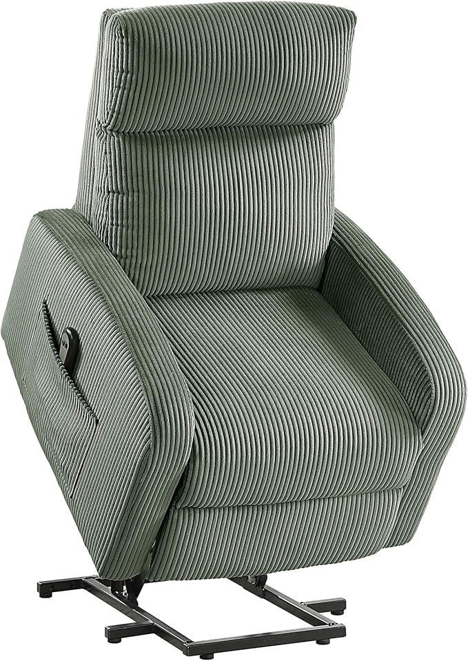 Lexicon Power Lift Recliner Chair for Elderly with Remote Control Gentle Lift Motion Side Pocket Armrest Corduroy Upholstered Electric Recliner for Living Room/Bedroom Easy Assembly Green