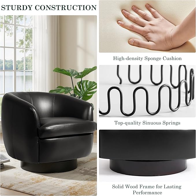 UIXE Leather Swivel Barrel Accent Chairs Set of 2 Comfy Round Faux Leather Armchair Reading Chair for Living Room Barrel Club Chairs Bedroom Black