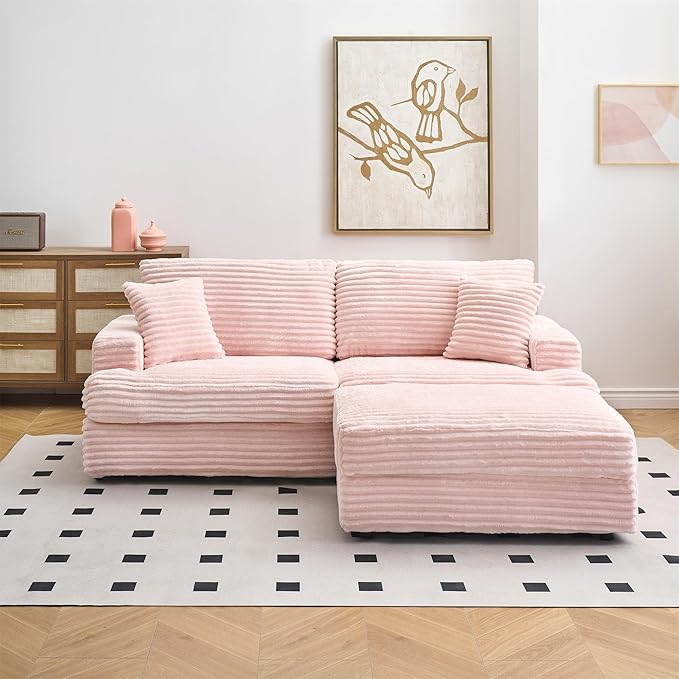 82 Inches Corduroy Square Arms Loveseat Sofa with One Storage Ottoman Comfy Deep Seat Modular Sectional Futon Couch with 4 Throw Pillows for Living Room Bedroom Office (Pink)