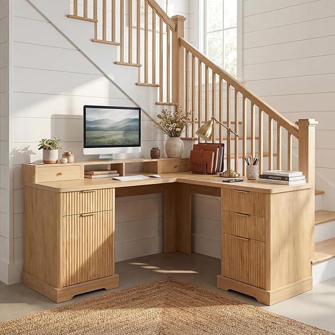 Modern Fluted 59 Executive L Shaped Desk with Drawer Home Office Desk with Charging Station Corner Computer Desk with Monitor Stand File Drawer Storage Cabinet (Natural)