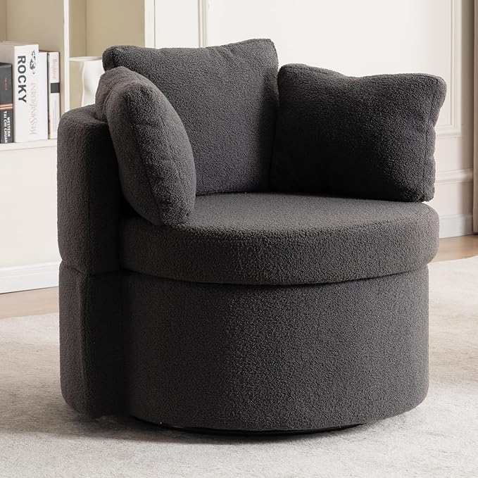 FOXHUNTER Swivel Barrel Chair 360 Degree Swivel Round Storage Chair with 3 Pillows Oversize Teddy Swivel Accent Chair Comfy Single Sofa Chair for Nursery Living Room Bedroom (Dark Gray)
