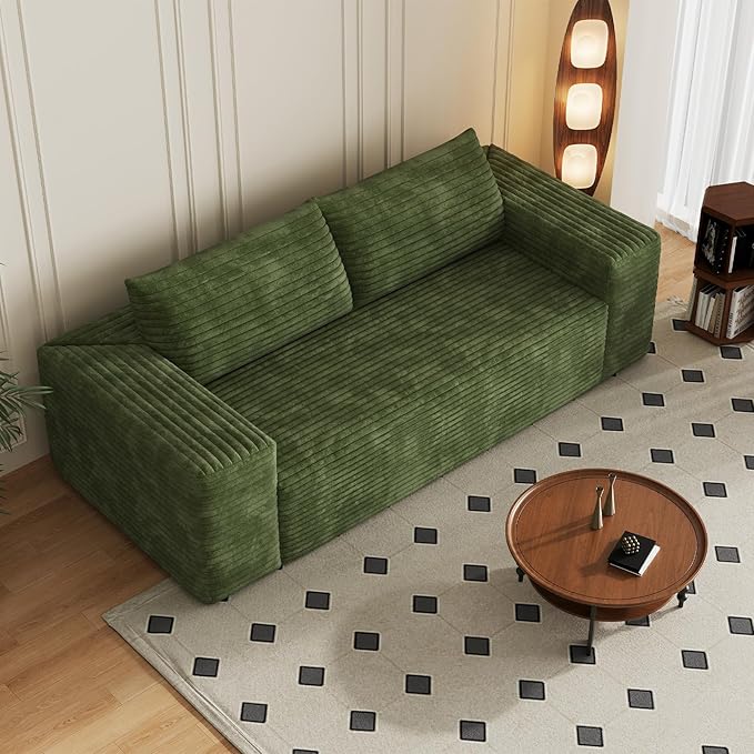 78-inch Boneless Loveseat Sofa Cloud Corduroy Floor Compressed Deep Seat Lounge Sofa Couch in A Box Comfy Fluffy Modern Plush Memory Foam No Assembly Couch for Living Room Bedroom Office Green