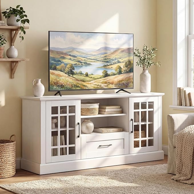 Giantex Farmhouse TV Stand for 65/70 Inch TV Tall Entertainment Center with Storage Cabinets Glass Doors Drawer Removable Shelves Media TV Console Table for Living Room Bedroom (White)