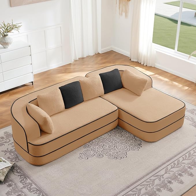 KEIKI 2Seat Modular Boneless Sectional Velvet Sofa Couch with Chaise for Living Room Home Office Style Conscious Homeowners Cozy Warm Perfect for Entertaining Relaxation Refined Design Camel
