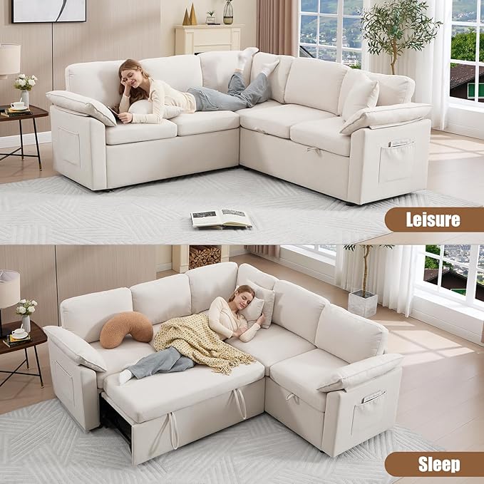 85 Modular Sectional Sofa with Pull Out Bed L Shaped Couch with Storage 5-Seater Sleeper Sofa Sectional Couches for Living Room Cloud Modular Couch with Removable Sofa Cover