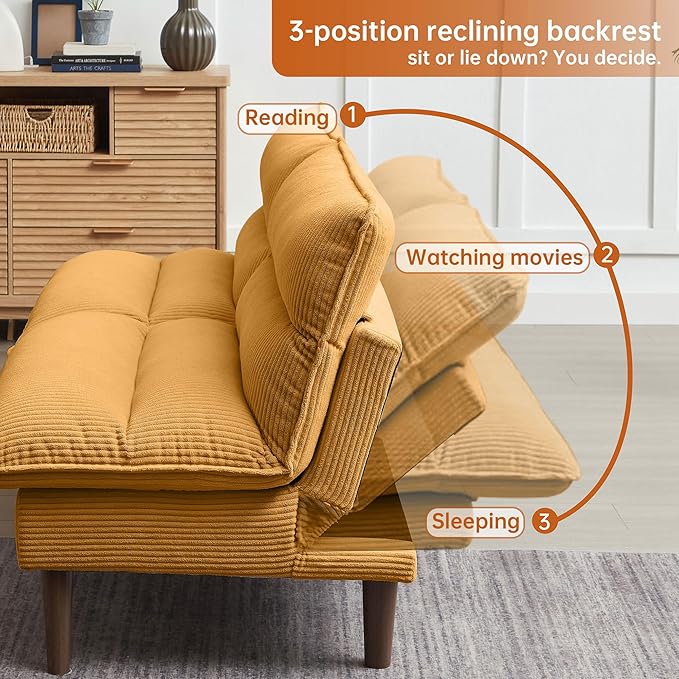 Convertible Sofa Bed 72″ Fabric Couch with Adjustable Backrest Loveseat Recliner Sleeper Living Room Furniture futon Set for Apartment Small Space Yellow