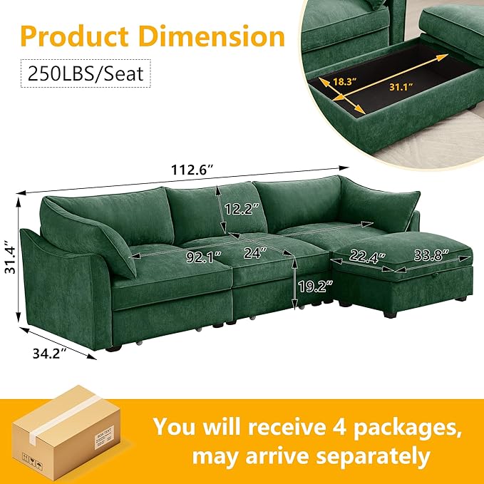 Aoowow Modular Sectional Sofa with Pullout Storage Seat 112.6” L-Shaped Chenille 3-Seat Sofa Couch with Storage Ottoman Upholstered Deep Couches for Living Room Apartment OfficeGreen