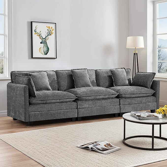 3-Seater Cloud Couch Oversized Modular Sectional Sofa with Deep Seat Soft Cushions Comfy Chenille Couch for Living Room Apartment &amp Family Space Grey