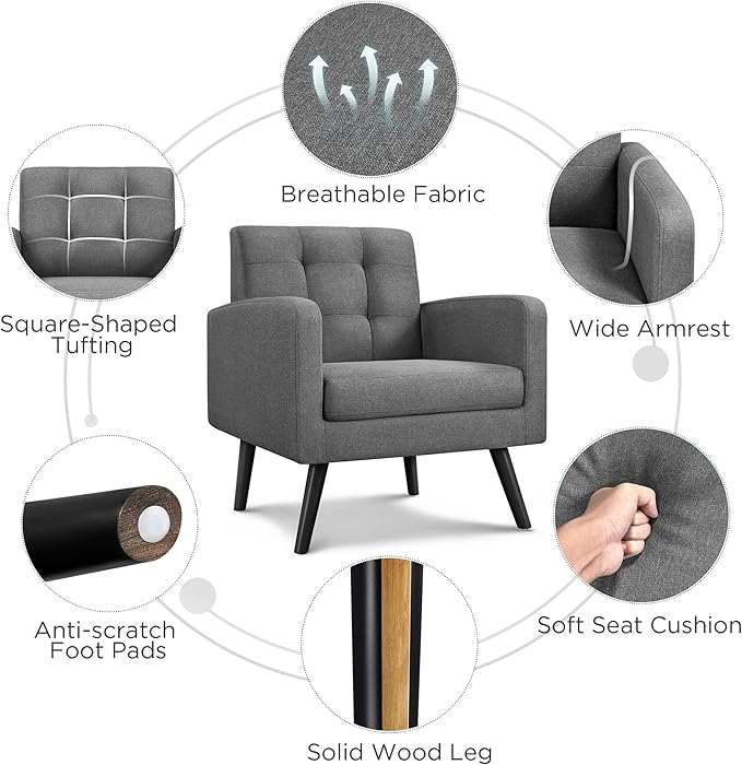 Yaheetech Mid-Century Accent Chairs Modern Upholstered Living Room Chair Cozy Armchair Button Tufted Back and Wood Legs for Bedroom/Office/Cafe Set of 2 Gray