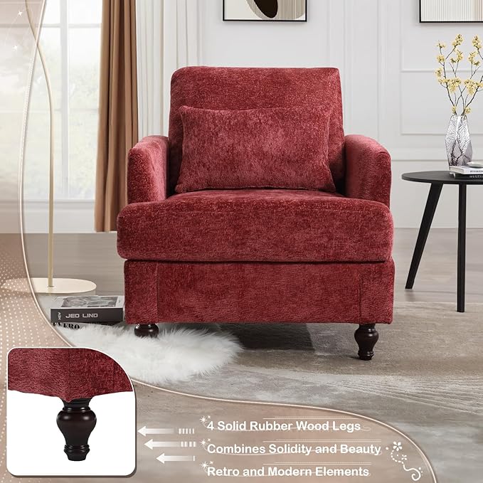 KINFFICT Modern Accent Chair for Living Room Upholstered Single Sofa Chair with Lumbar Pillow Comfy Armchair with Thickened Cushion Living Room Chairs for Bedroom Office Red Chenille